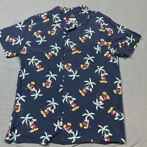 DISNEY Men's Medium Aloha Shirt -Mickey Mouse Palm Trees -Blue Multicolor Rayon